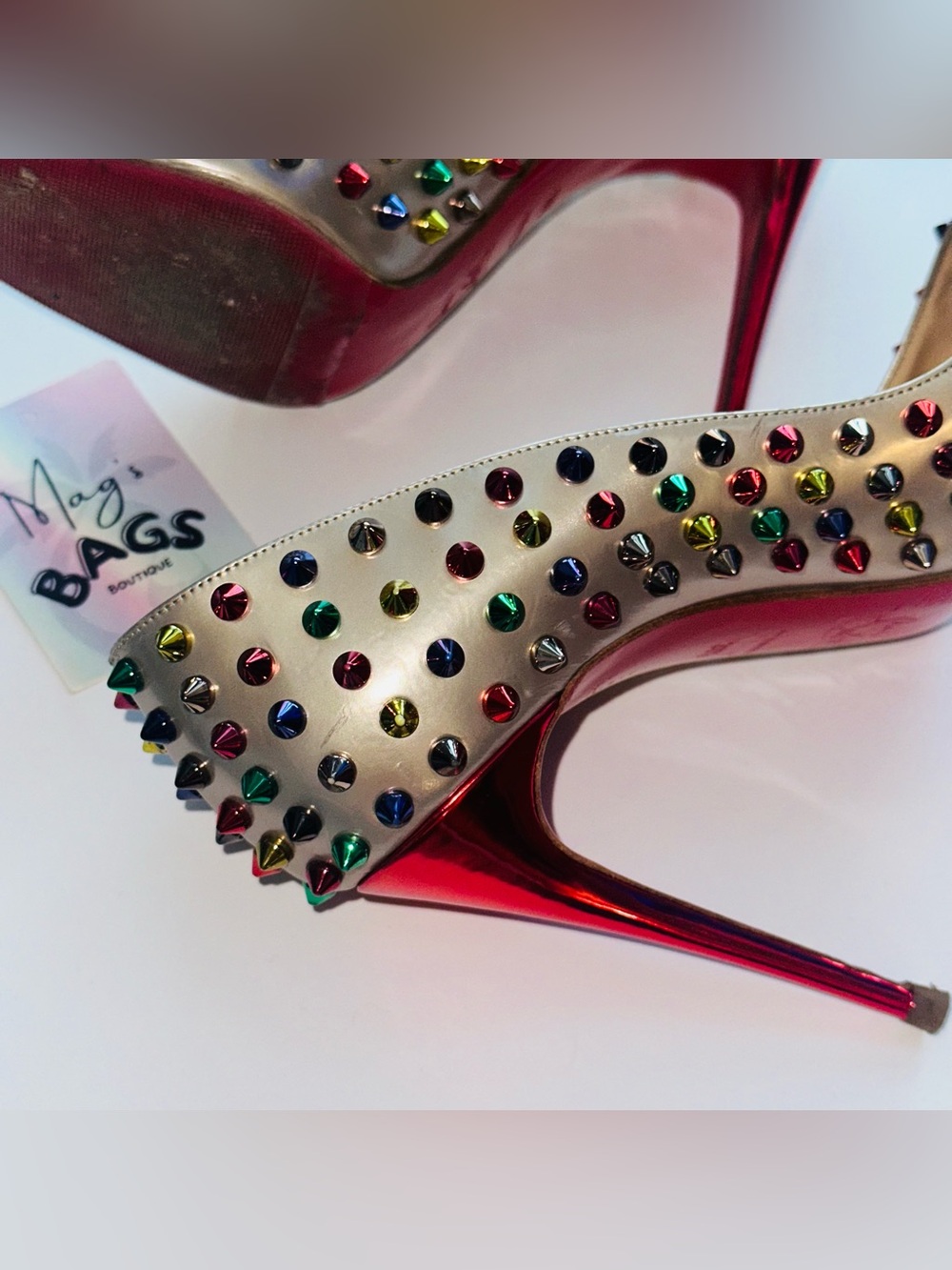 Louboutin: Multicolor Follies Spikes 100 Beige Specchio Studded Heels *RARE* - Picture 13 of 17